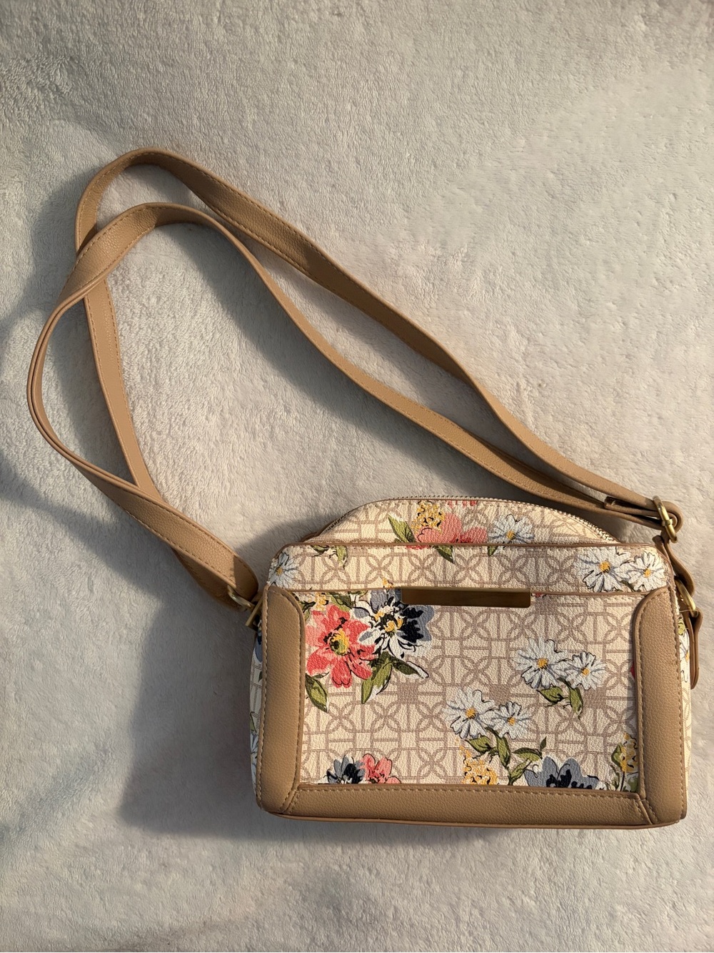 Floral Crossbody Bag in Beige with Tan Trim